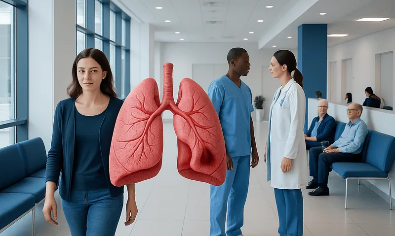Medical professionals and a patient in a hospital corridor with a lung model.