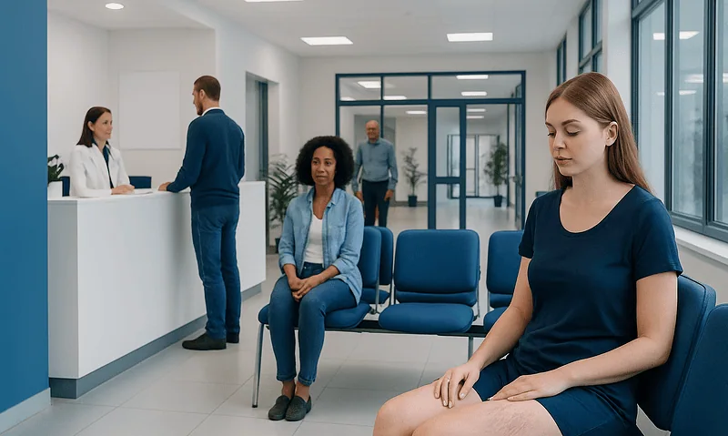 Patient waiting in a modern hospital reception area at Acibadem Hospitals Group.