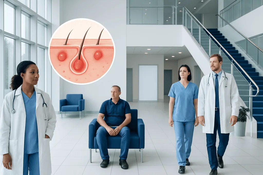 Pustular Folliculitis: Diagnosis, Outlook, and Modern Treatment Approaches 1 Medical consultation at Acibadem Hospital with skin condition illustration.
