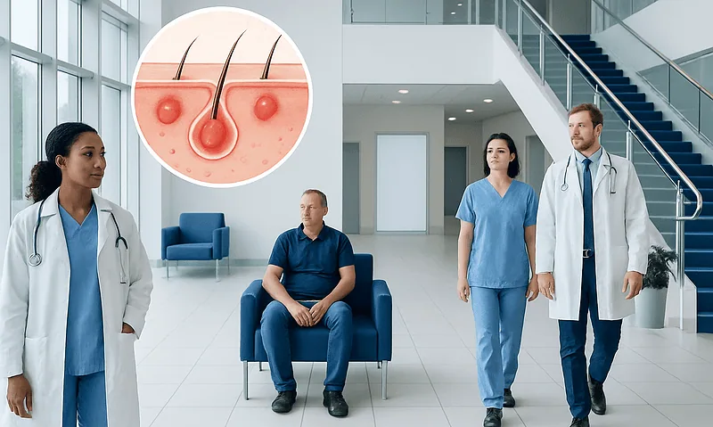 Medical consultation at Acibadem Hospital with skin condition illustration.