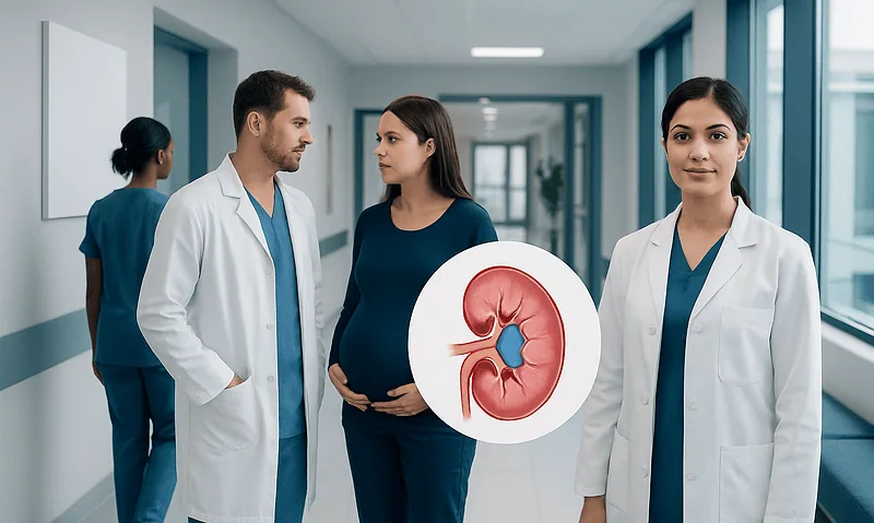 Medical team discussing pregnancy and kidney health in hospital corridor.