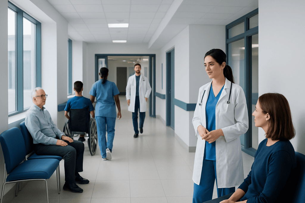 Pyelonephritis Treatment: Symptoms, Causes, and Treatment Options 1 Healthcare professionals and patients in a hospital corridor.