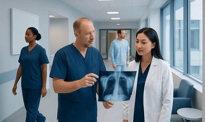 Medical team reviewing chest X-ray in hospital corridor.