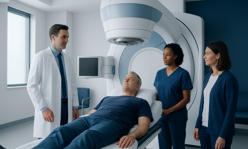 Patient undergoing radiation therapy in a modern hospital setting.