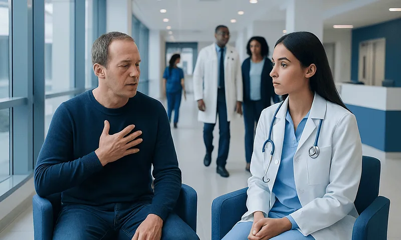 Doctor consulting patient in hospital corridor with medical staff in background.