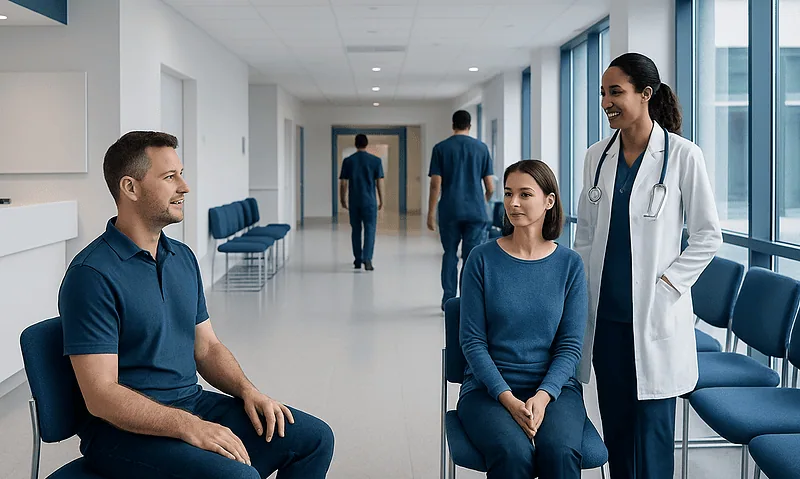Patients and doctor in hospital corridor during health checkup.