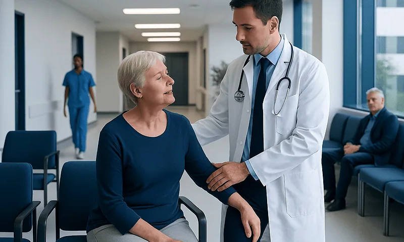 Doctor consulting with elderly patient in hospital corridor.