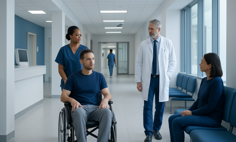 Medical team consulting a patient in a hospital corridor.