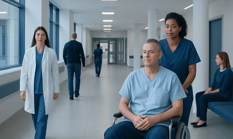 Medical team in hospital corridor with patient in wheelchair and staff members.