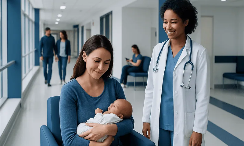 Happy mother with newborn in hospital corridor, doctor smiling nearby.