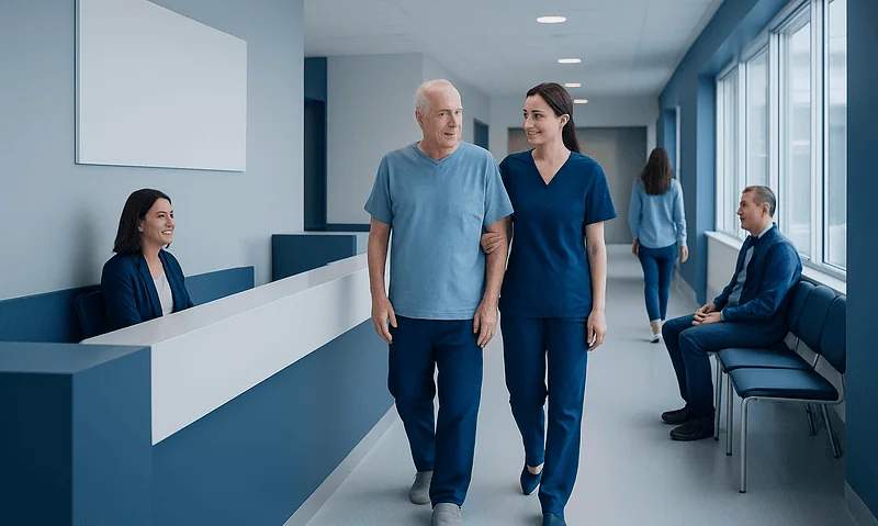 Patient walking with nurse in hospital corridor at Acibadem Hospitals Group.