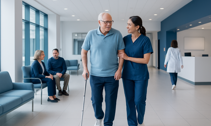 Elderly man with cane walking with nurse in hospital lobby.