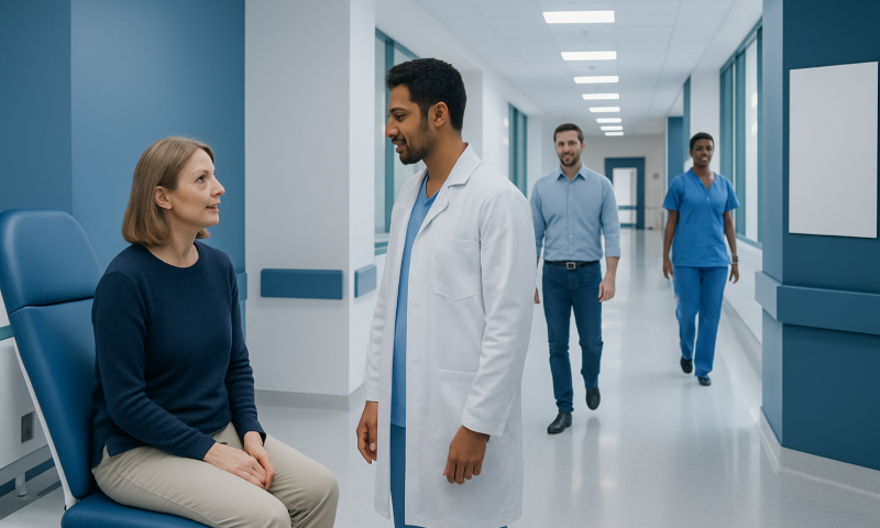 Doctor consulting with a female patient in a hospital corridor.