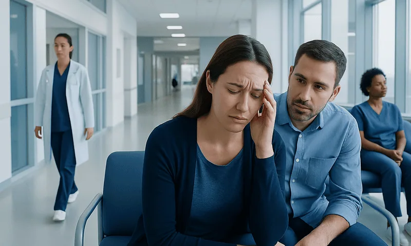 Woman experiencing headache in hospital waiting area with medical staff nearby.