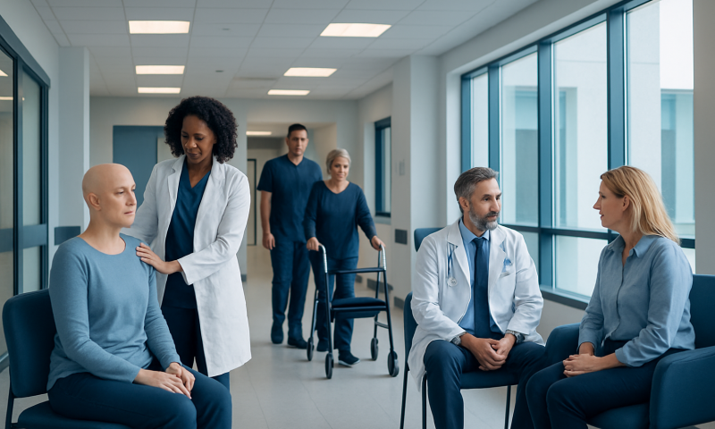 Rehab Centers for Cancer Patients: An Evidence-Based Patient Guide 15 Medical team consulting cancer patient in hospital corridor.