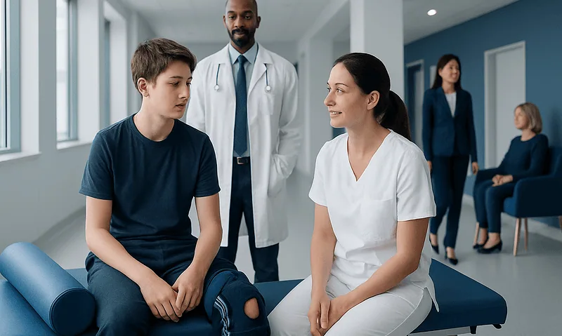 Pediatric patient consulting with healthcare professionals in a hospital setting.