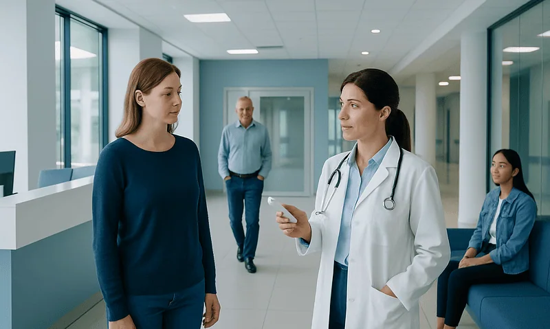 Doctor consulting with patient in hospital corridor.