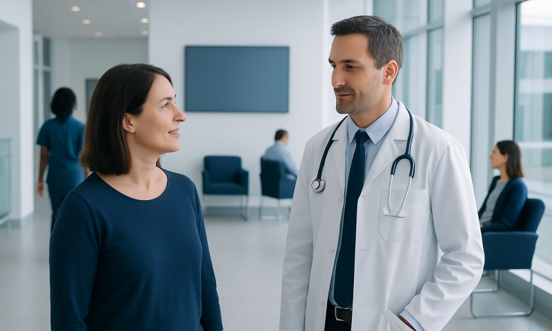 Doctor consulting with a female patient in a modern hospital lobby.