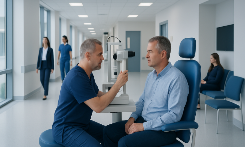 Ophthalmologist examines patient's eye with specialized equipment in clinic.