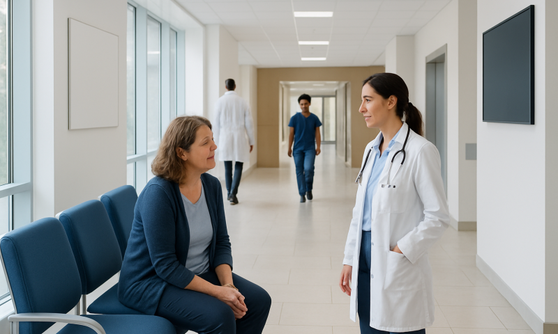 Doctor talking to a patient in a hospital corridor at Acibadem Hospitals Group.