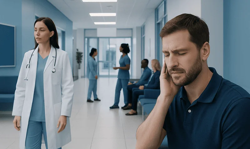 Patient experiencing ear ringing in a hospital corridor.