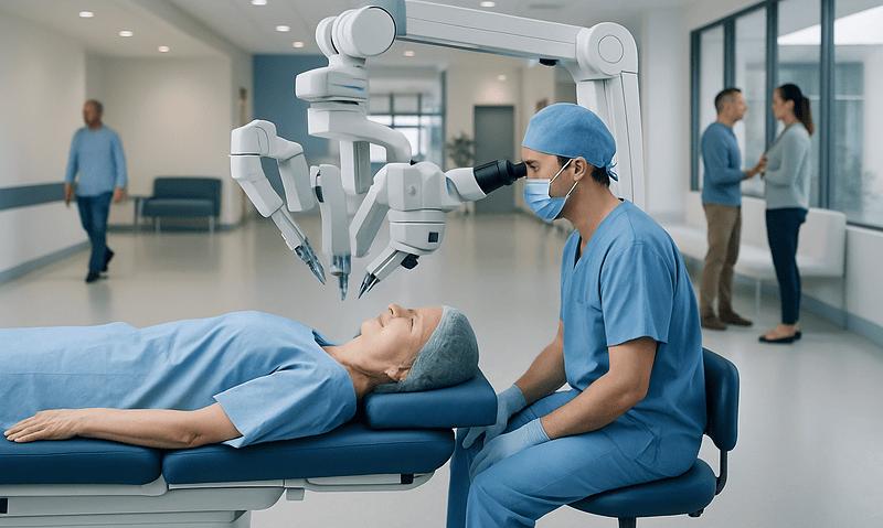 Robotic cataract surgery being performed in a modern hospital setting.