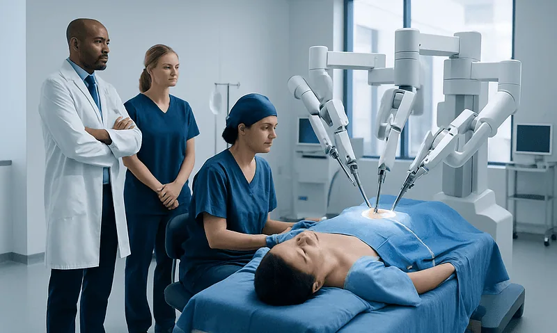 Robotic surgical system performing minimally invasive procedure on patient.