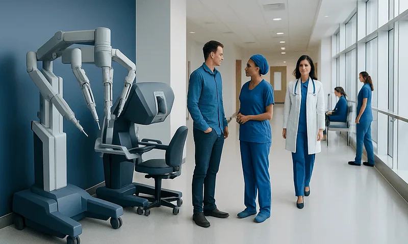 Fort Smith Robotic Surgery Lawyer: Procedure, Recovery and Results 6 Medical professionals and robotic surgical equipment in a modern hospital corridor.