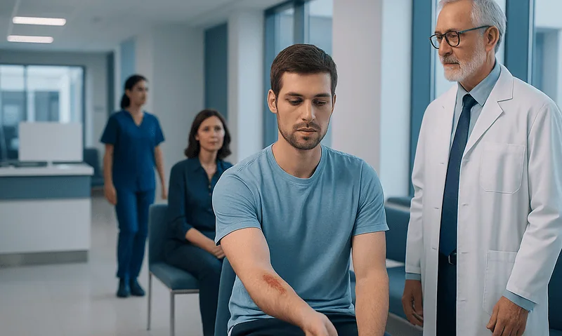Doctor examining a patient's arm with a rope burn injury in a hospital corridor.