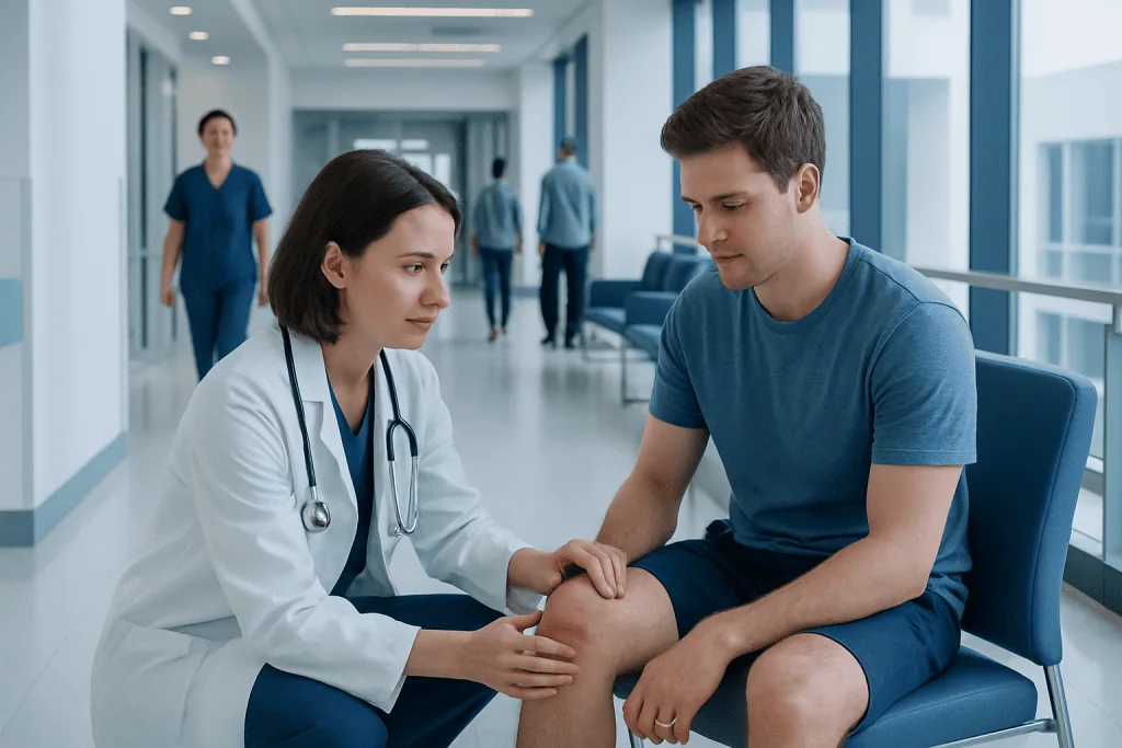Rug Burn: What Patients Need to Know 1 Doctor examining patient's knee in hospital corridor.