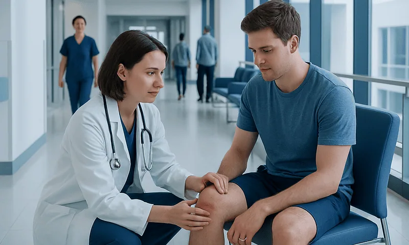 Doctor examining patient's knee in hospital corridor.