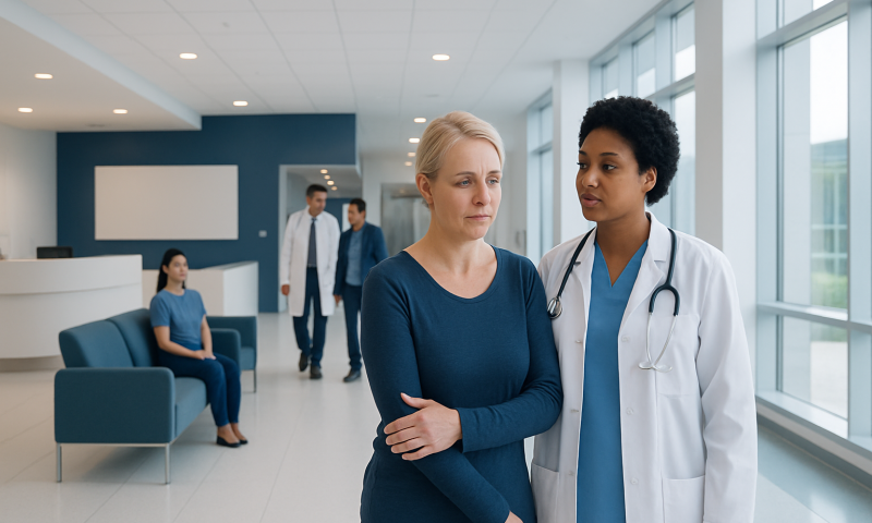 Doctor consulting a patient in a modern hospital corridor.