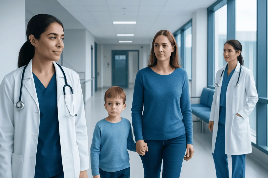 Scid Therapy: How It Works, Results and What to Expect 1 Medical consultation with a mother and child at Acibadem Hospital.