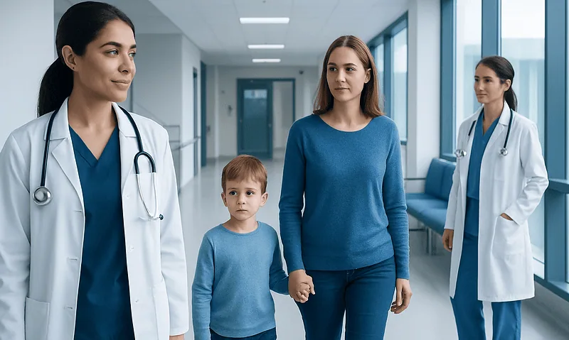 Medical consultation with a mother and child at Acibadem Hospital.