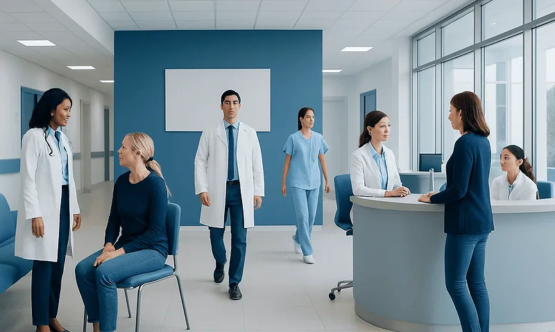 Medical team consulting patient in modern hospital reception area.