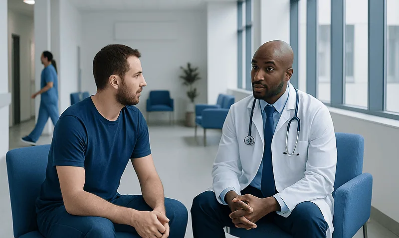 Doctor consulting with a patient in a modern hospital waiting area.