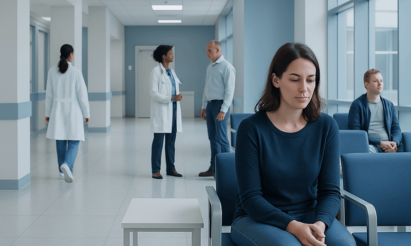Patient waiting in hospital corridor with medical staff in background.