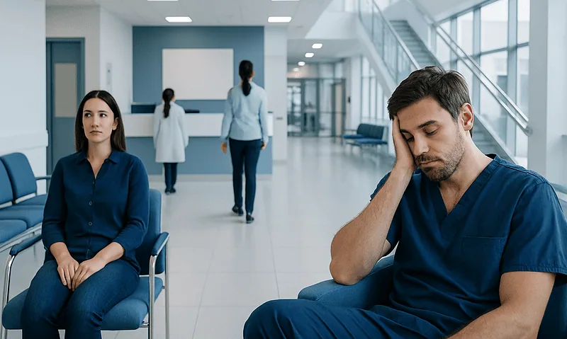 Patient experiencing sleep problems in a hospital waiting area.