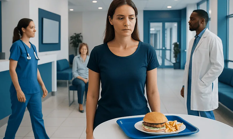 Woman in hospital corridor with tray of burger and fries, medical staff nearby.