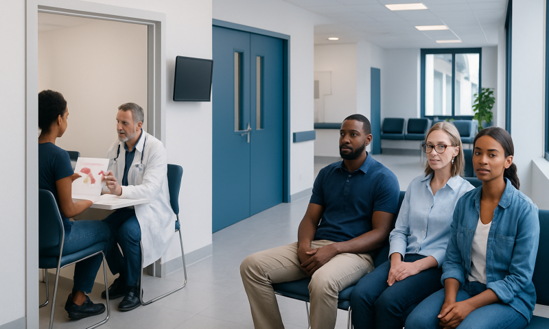 Patients waiting in a hospital corridor for medical consultation.