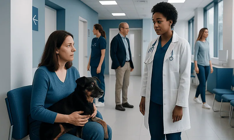 Veterinarian consulting dog owner in a veterinary clinic.