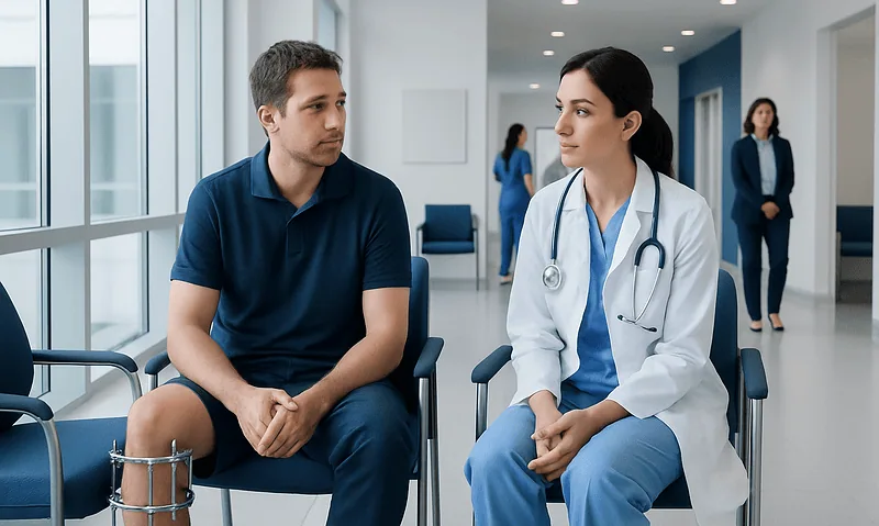 Patient consulting with doctor in hospital waiting area.