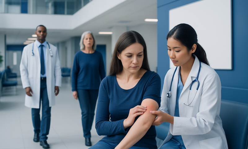 Nurse administering vaccine to a patient in a hospital corridor.