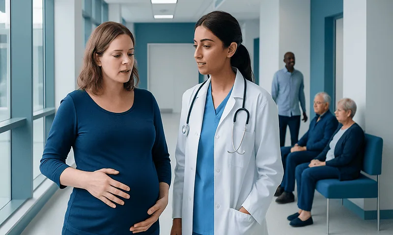 Pregnant woman consulting with a doctor in a hospital corridor.