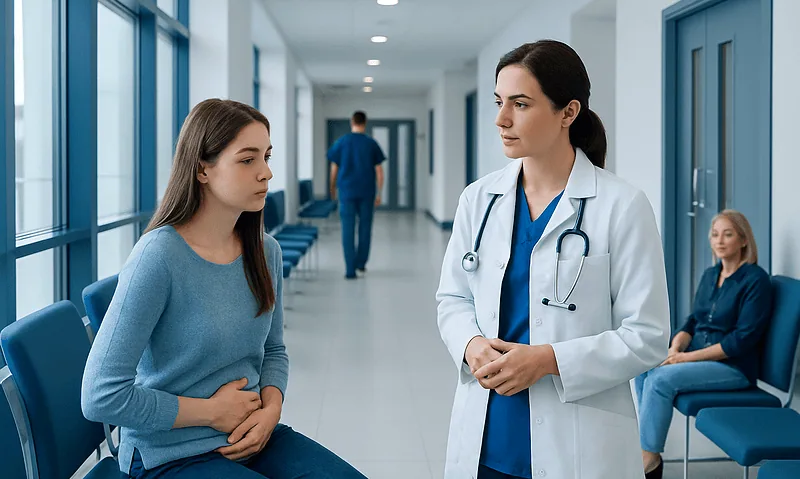 Doctor consulting young woman in hospital corridor for endometriosis treatment.