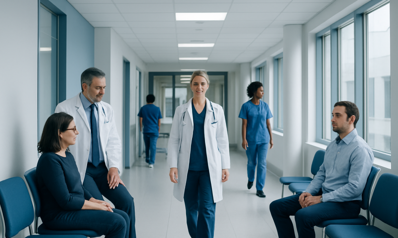 Medical team consulting patients in hospital corridor.