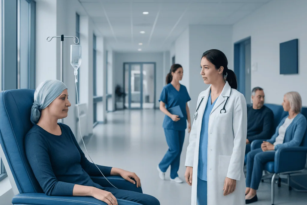 Small Cell Chemotherapy: How It Works, Results and What to Expect 1 Patient receiving chemotherapy treatment in hospital ward with medical staff present.