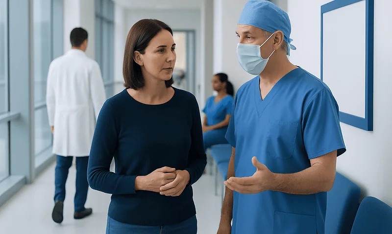 Doctor and patient discussing in hospital corridor with medical staff in background.