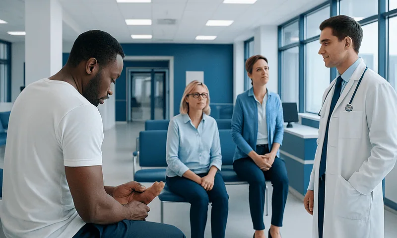 Doctor consulting with patients in a modern hospital corridor.