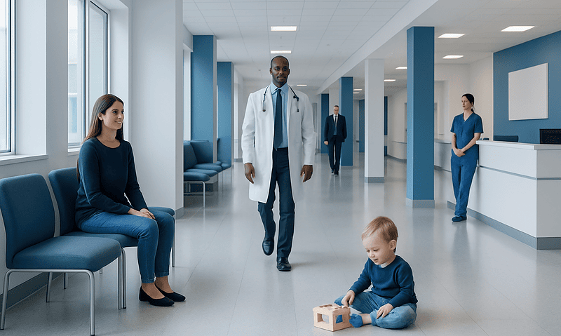 Child playing with blocks in hospital waiting area with medical staff nearby.